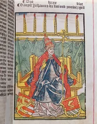 El Antipapa Juan XXIII (c.1370-1419) en el Concilio de Constanza (1414-18), 1483 (grabado en madera coloreado)
